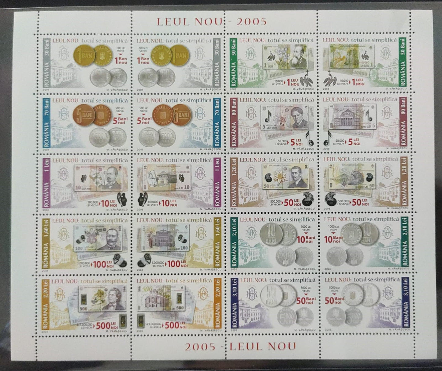 Romania beautiful sheetlet on Coins and currency. All 20 different setenent stamps. Issued in 2005.