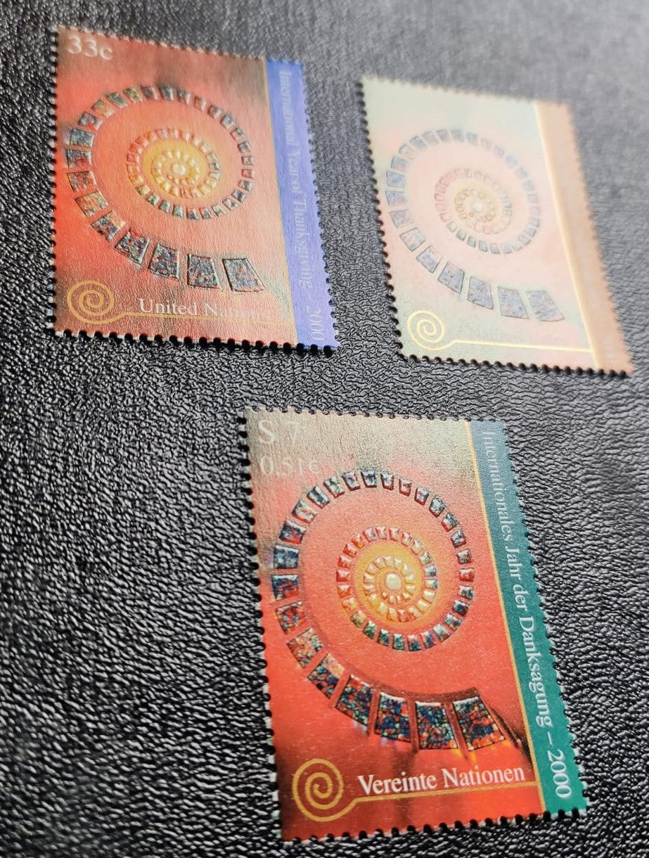 United Nations Thermography and high embossed set of three stamps from their three offices in three diff countries