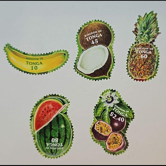Odd Fruits shaped stamps from Tonga.