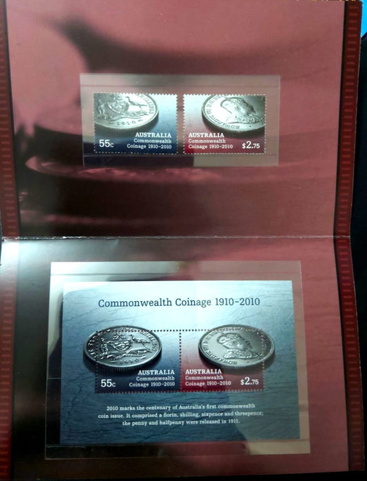 Australia 2010 australian commonwealth Coinage, presentation pack,Unusual, Embossed (feel like real coins are placed there) ,Silver foiled,mnh.