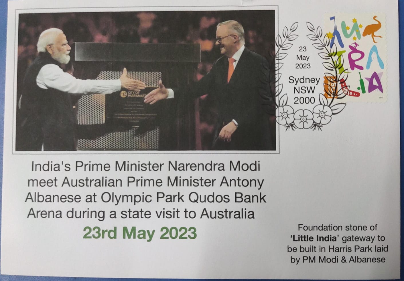 PM Modi's visit to Australia on 23.5.23 Meeting his Australian counterpart. Commemorative cover with pictorial cancellation.