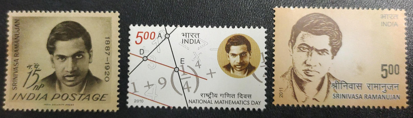 Three stamps issued on the famous mathematician Srinivasa Ramanujan Three different years.