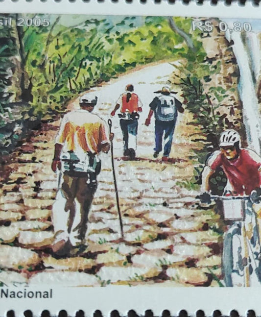 Brazil 2005 setenent stamps with real rock powder affixed in the middle stamp. On the rocky path. Left stamp with high embossed.