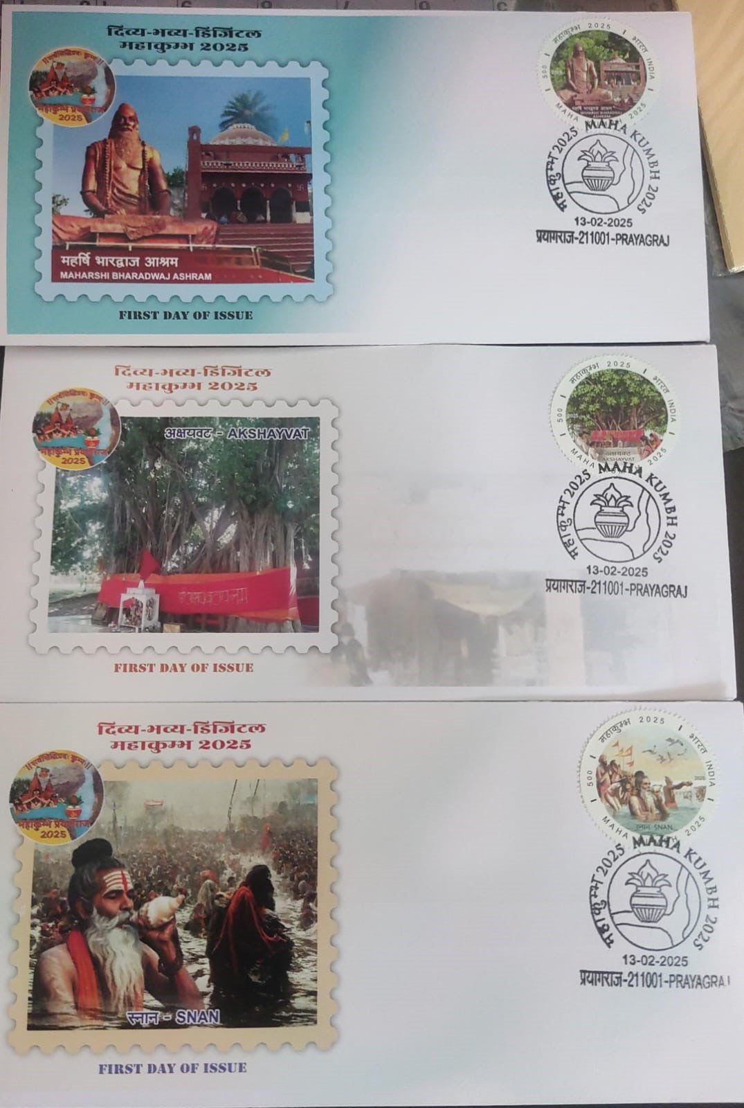 Three round latest stamps pvt FDC on Prayagraj Mahakumbh 2025