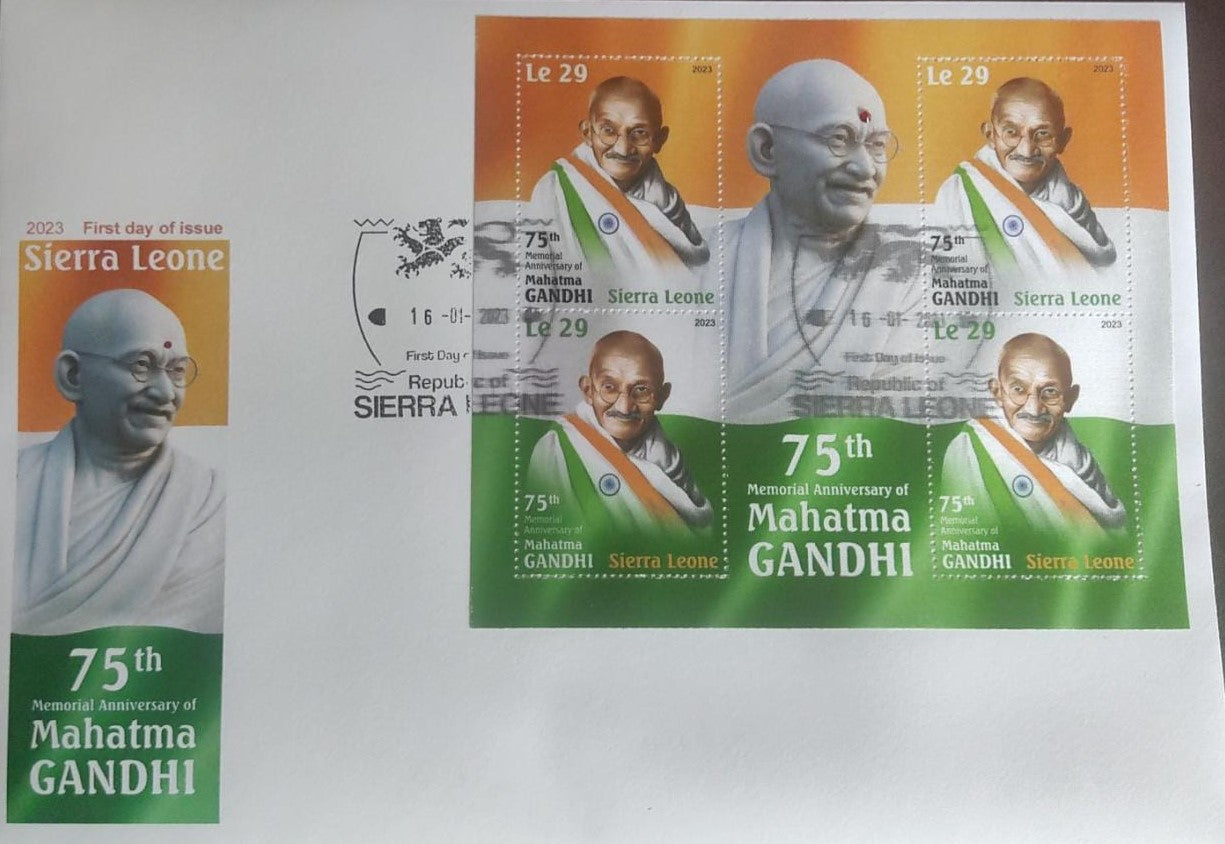 Sierra Leone silk ms and sworski crystal affixed ms of Gandhiji. FDC