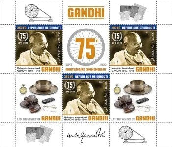 Djibouti 2023 ms on Gandhiji-with three stamps and three Tabs in the ms