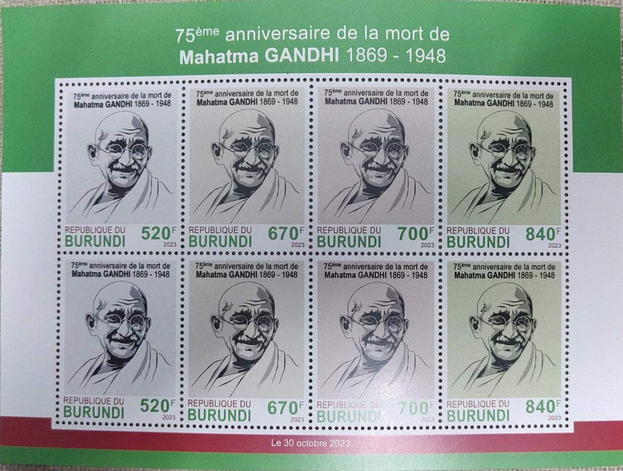 Burundi horizontal minisheet of 4 diff x 2 strips of Gandhi stamps. Latest issue.