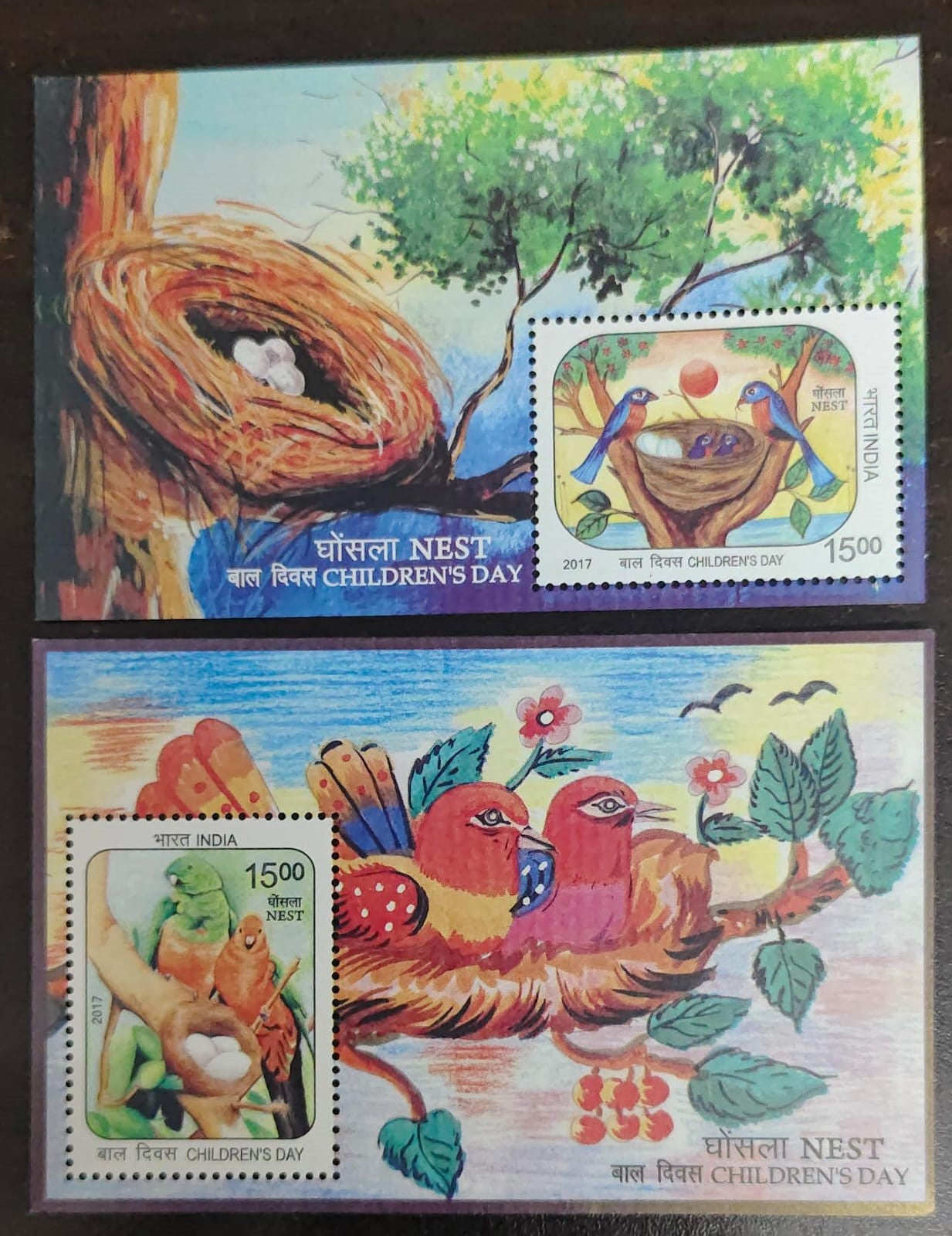 India- 2 Miniature sheets Children's Day (parrot) and children's day (Bulbul)