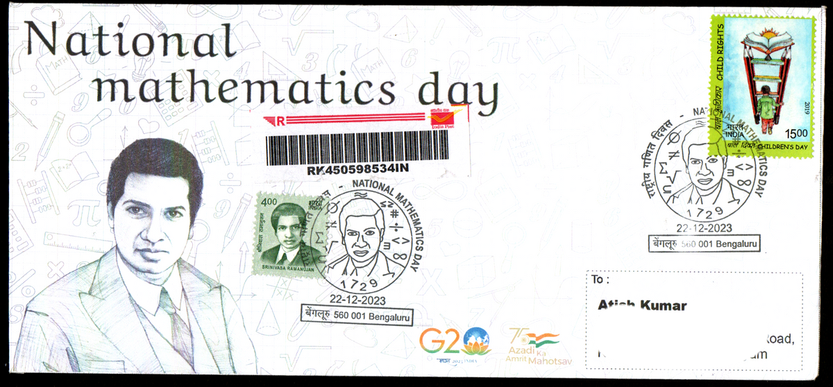 Special Cancellation on National Mathematics Day Postally Travelled Cover with Matching Stamp-22-12-2023 from Bengaluru
