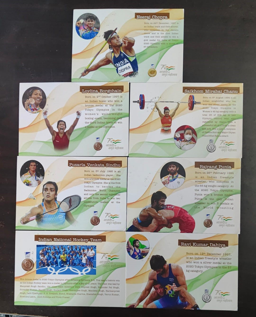 Picture postcards on medal winners of Tokyo Olympics 2020, from India.