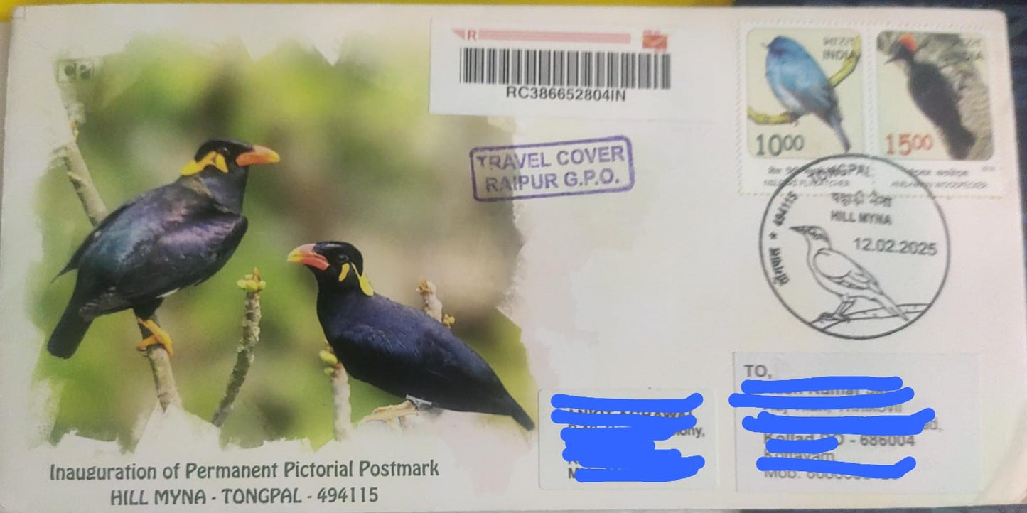Hill Myna inauguration day PPC on postally travelled cover with bird stamp. This permanent pictorial cancellation was issued on 12-02-2025 from Tongpal -494115. (Copy)