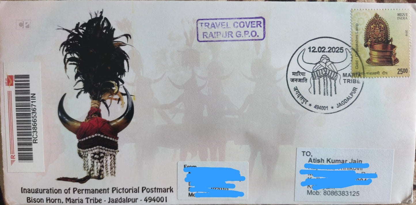 Bison Horn-Maria tribe inauguration day PPC on postally travelled cover.