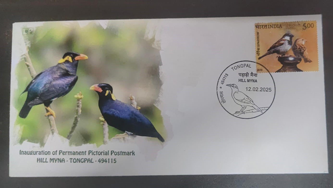 Hill Myna inauguration day PPC on private cover with bird stamp. This permanent pictorial cancellation was issued on 12-02-2025 from Tongpal -494115.