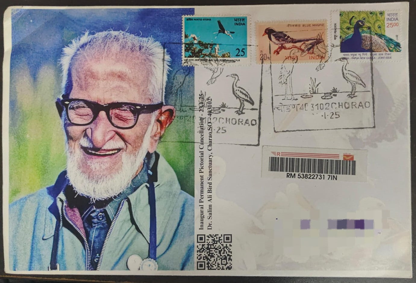 Chorao inaguration day PPC on postcard. Dr.Salim Ali Bird Sanctuary Dt 23.01.2025 on Travelled cover