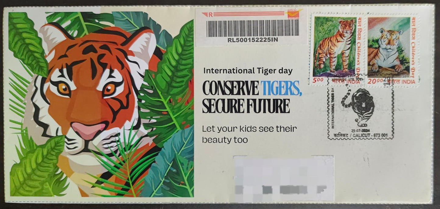 Tiger day ЁЯРЕ Special cancellation- 29.7.24. On private cover designed by bharatexotics, Travelled and cancelled from Calicut.