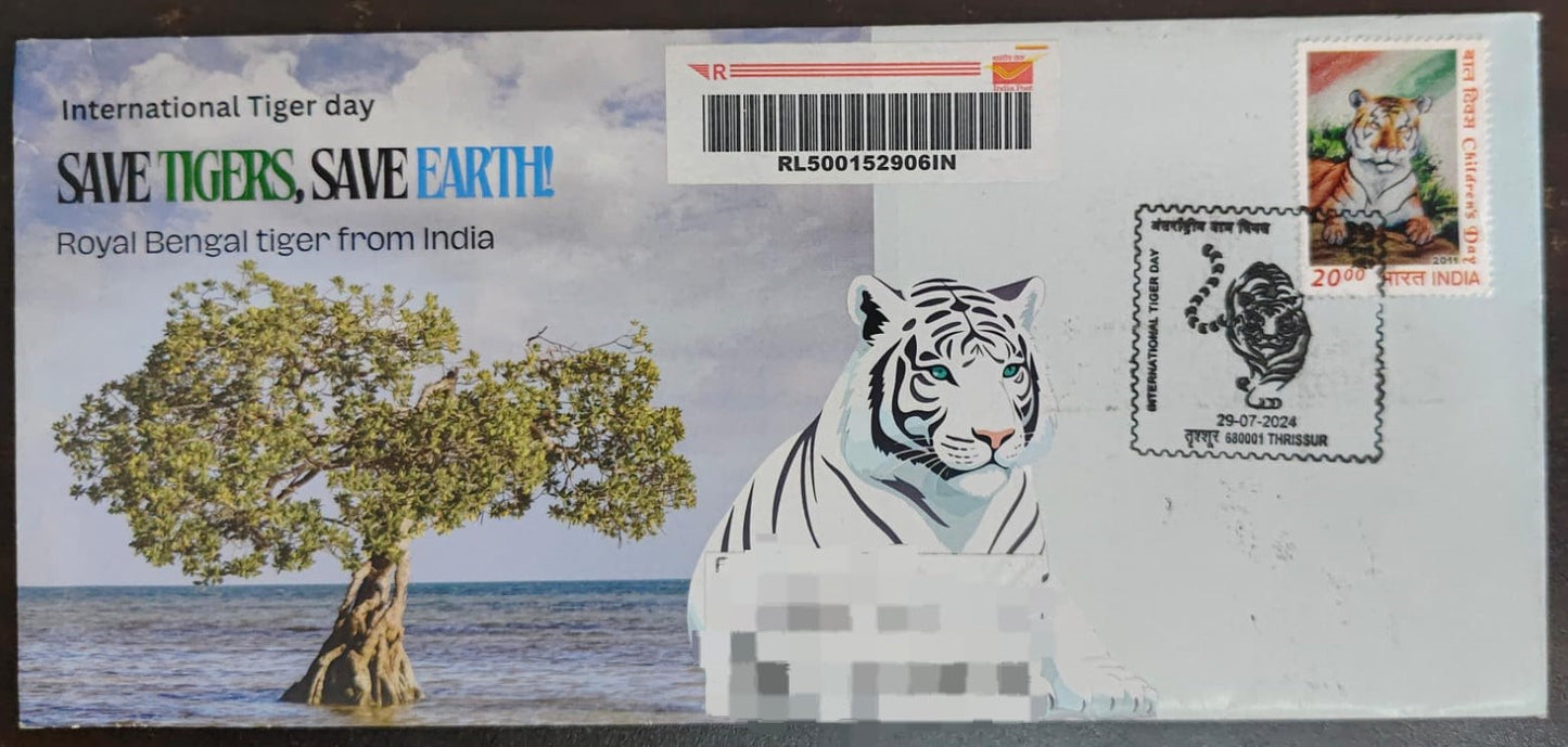 Tiger day ЁЯРЕ Special cancellation- 29.7.24. On private cover designed by bharatexotics, Travelled and cancelled from Thrissur