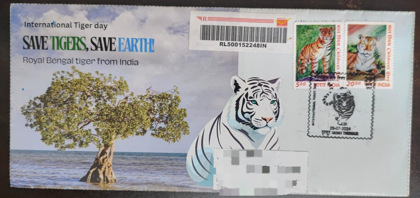 Tiger day ЁЯРЕ Special cancellation- 29.7.24. On private cover designed by bharatexotics, Travelled and cancelled from Thrissur