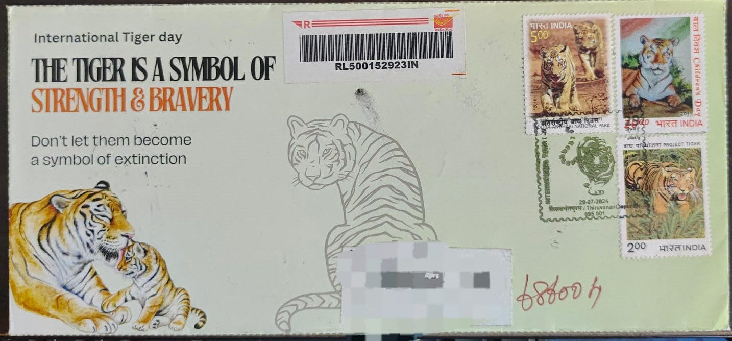 Tiger day ЁЯРЕ Special cancellation- 29.7.24. On private cover designed by bharatexotics, Travelled and cancelled from Thiruvanthapuram