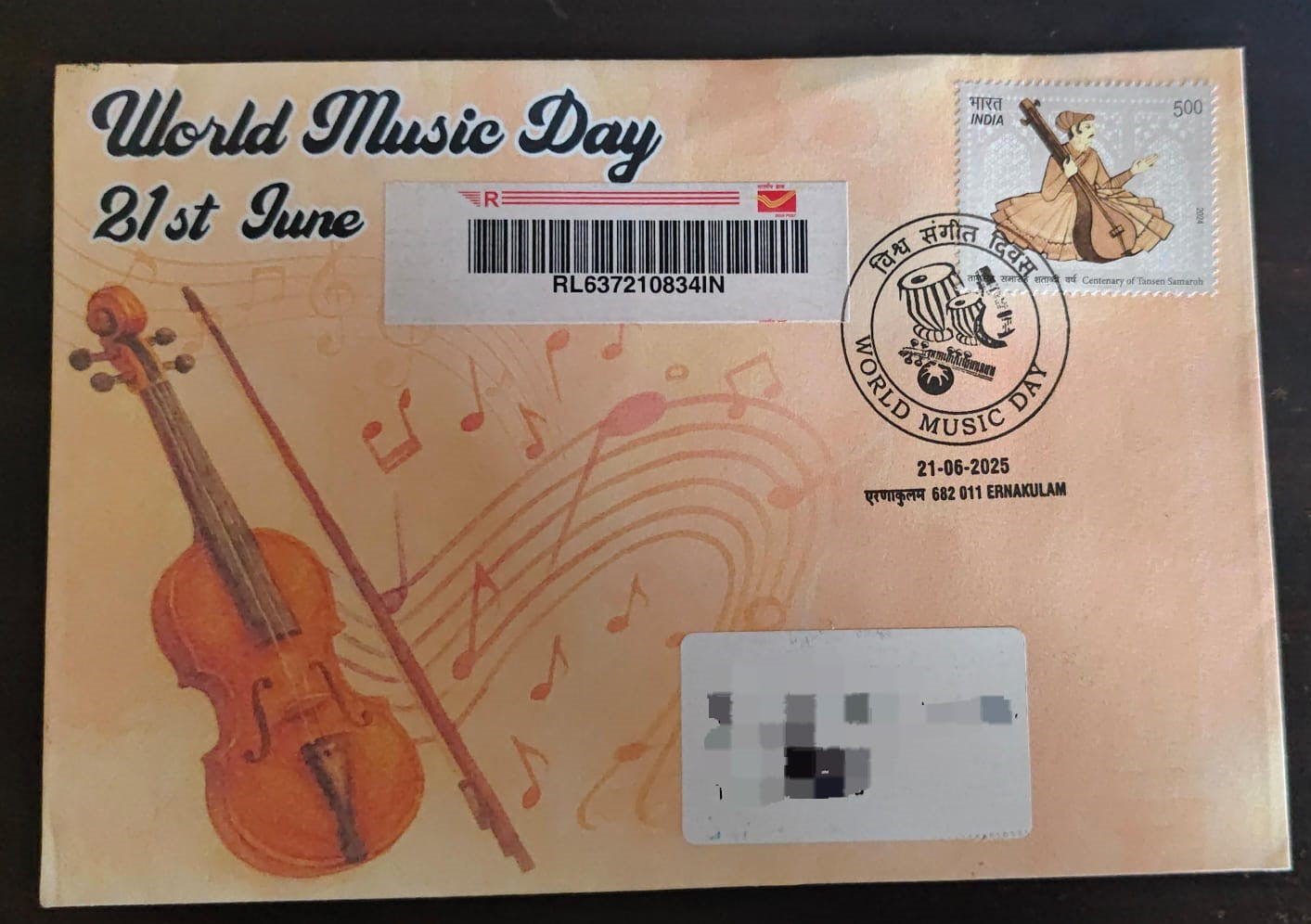 International day for music- Special cancellation 21.6.2025 On private cover designed by bharatexotics, Travelled and cancelled from Ernakulam