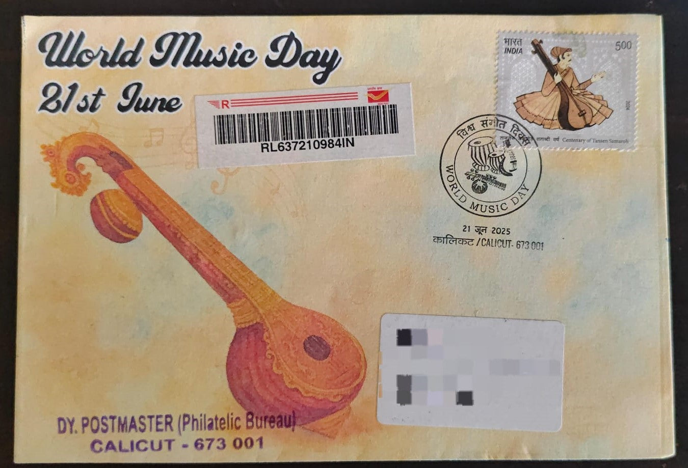 International day for music- Special cancellation 21.6.2025 On private cover designed by bharatexotics, Travelled and cancelled from Calicut