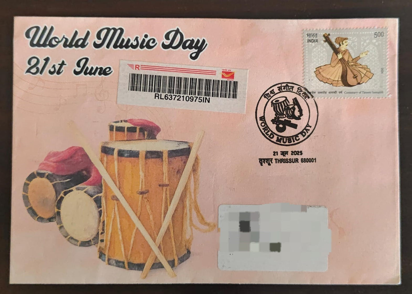 International day for music- Special cancellation 21.6.2025 On private cover designed by bharatexotics, Travelled and cancelled from Thrissur