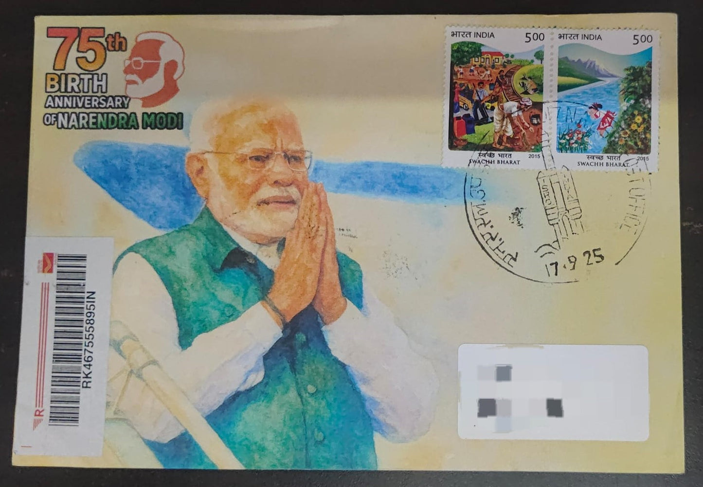 Celebrating 75th birthday of Hon.Prime Minister Sri.Narendra Modi on 17.09.2025 privately designed travelled cover by using suitable Swach Bharat stamps