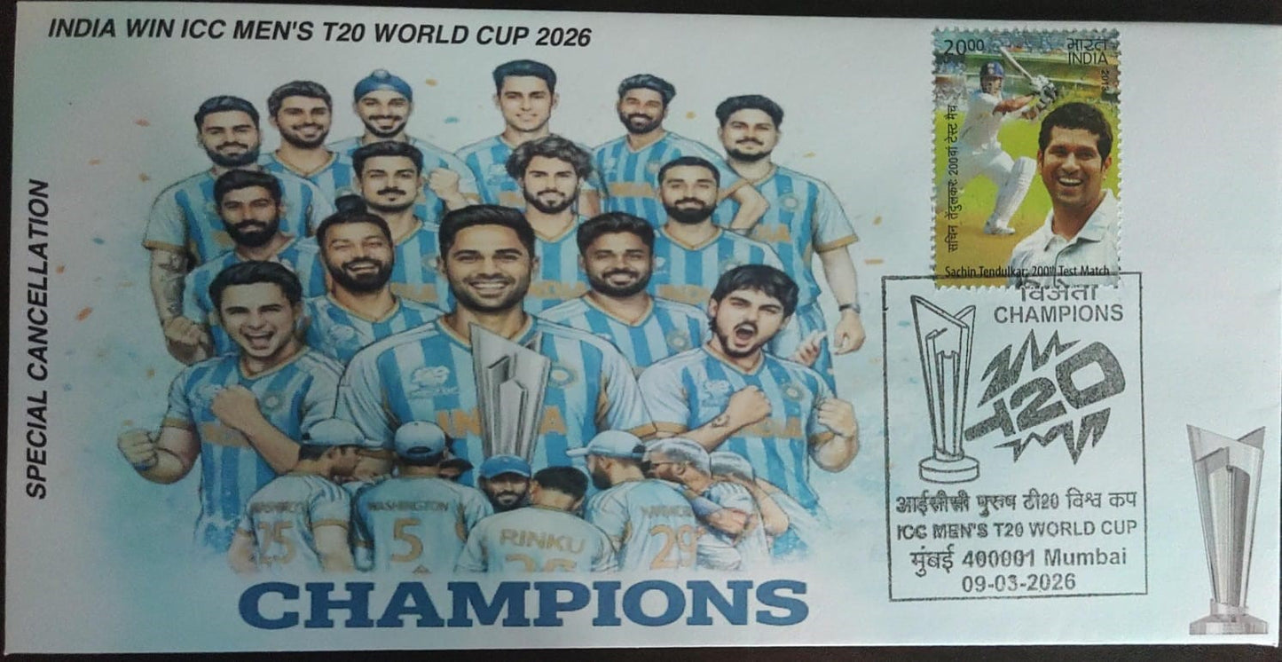 T20 World Cup cricket ЁЯПП which India ЁЯЗоЁЯЗ│ won .1 beautiful private cover with cricket relevant stamp of Sachin Tendulkar.
