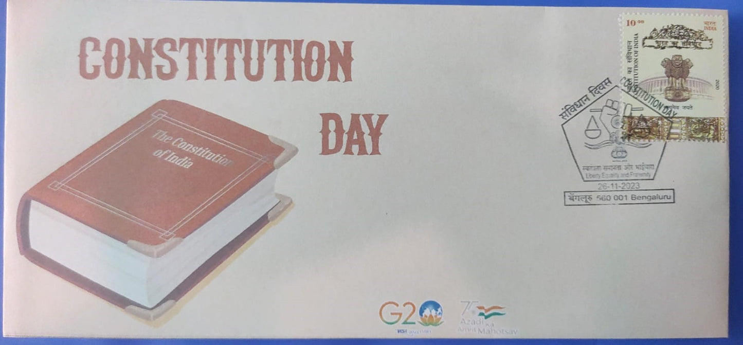 Constitution day special cancellation issued on 26-11-23 from Bengaluru-on private cover with appropriate stamp of Constitution.