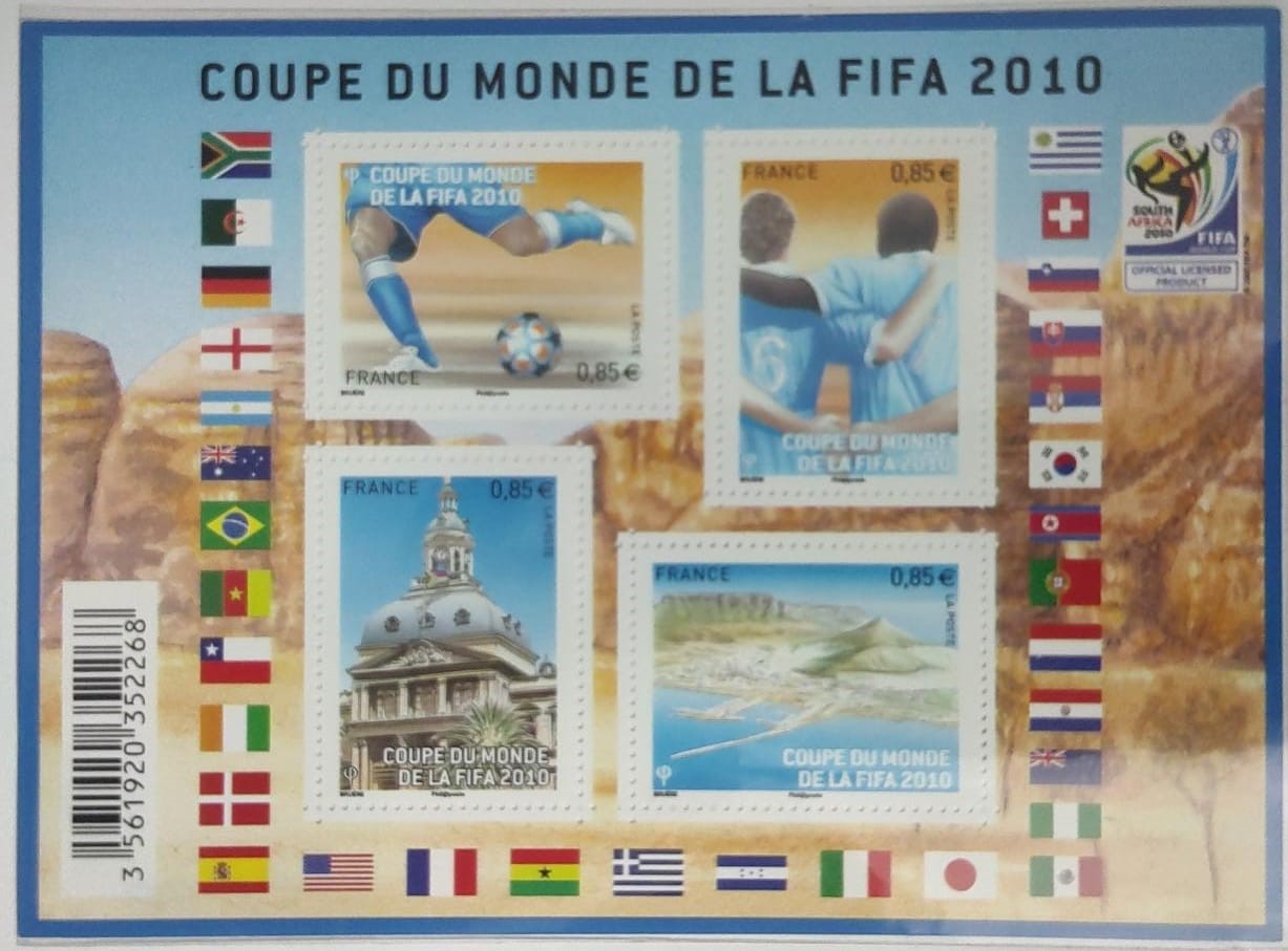 France 2010 MS with 4 stamps on football ⚽. Featuring participants' Country flags.