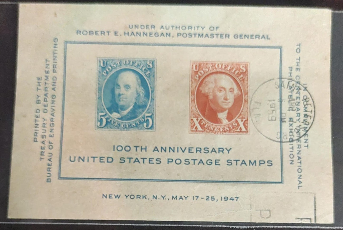 1947 United States postage stamp souvenir sheet commemorating the 100th anniversary of the first U.S. stamps.Occasion: Issued for the Centenary International Philatelic Exhibition