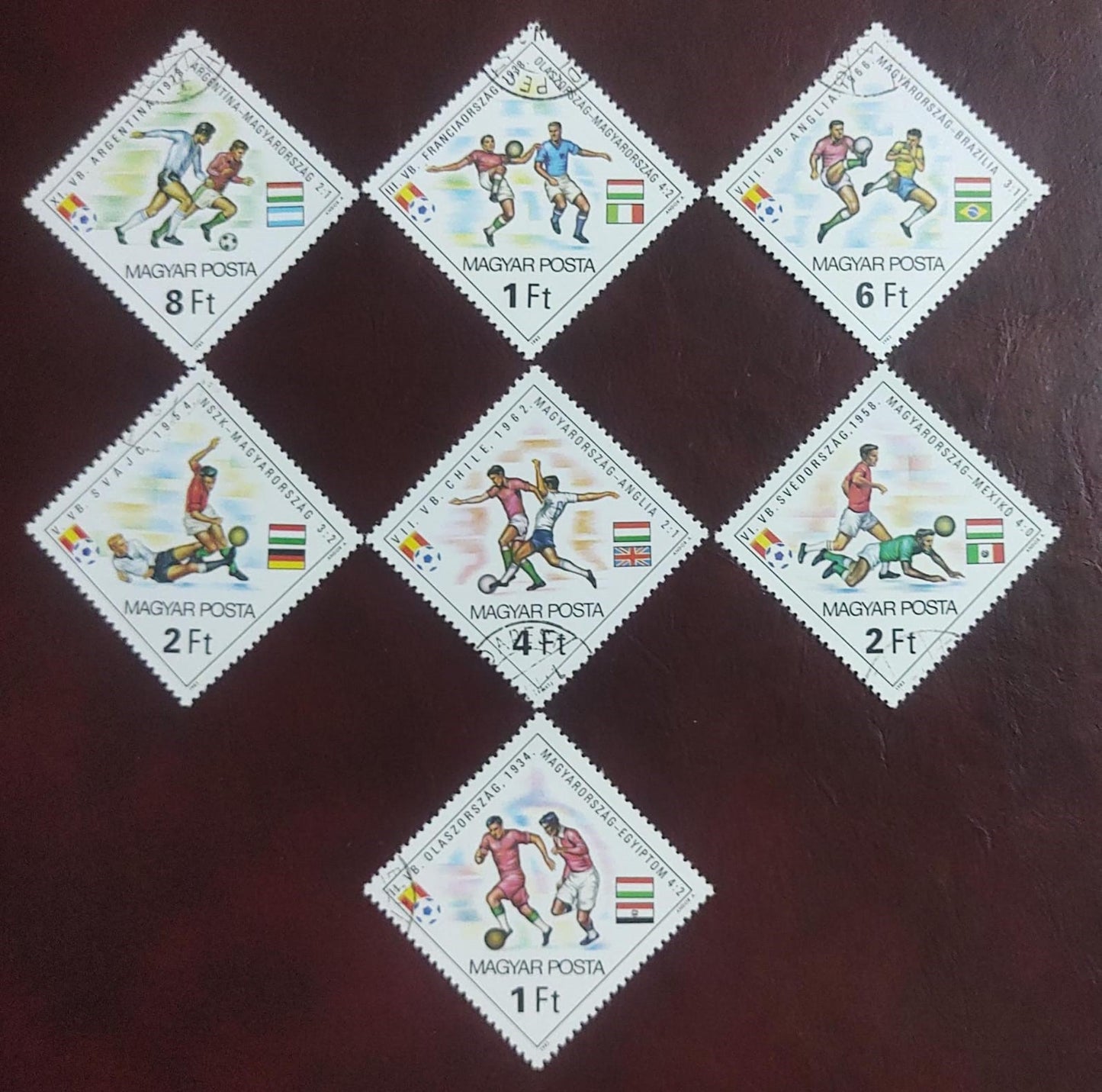 Hungary set of 7 diamond shaped stamps on football ⚽ Featuring various flags of participant countries.