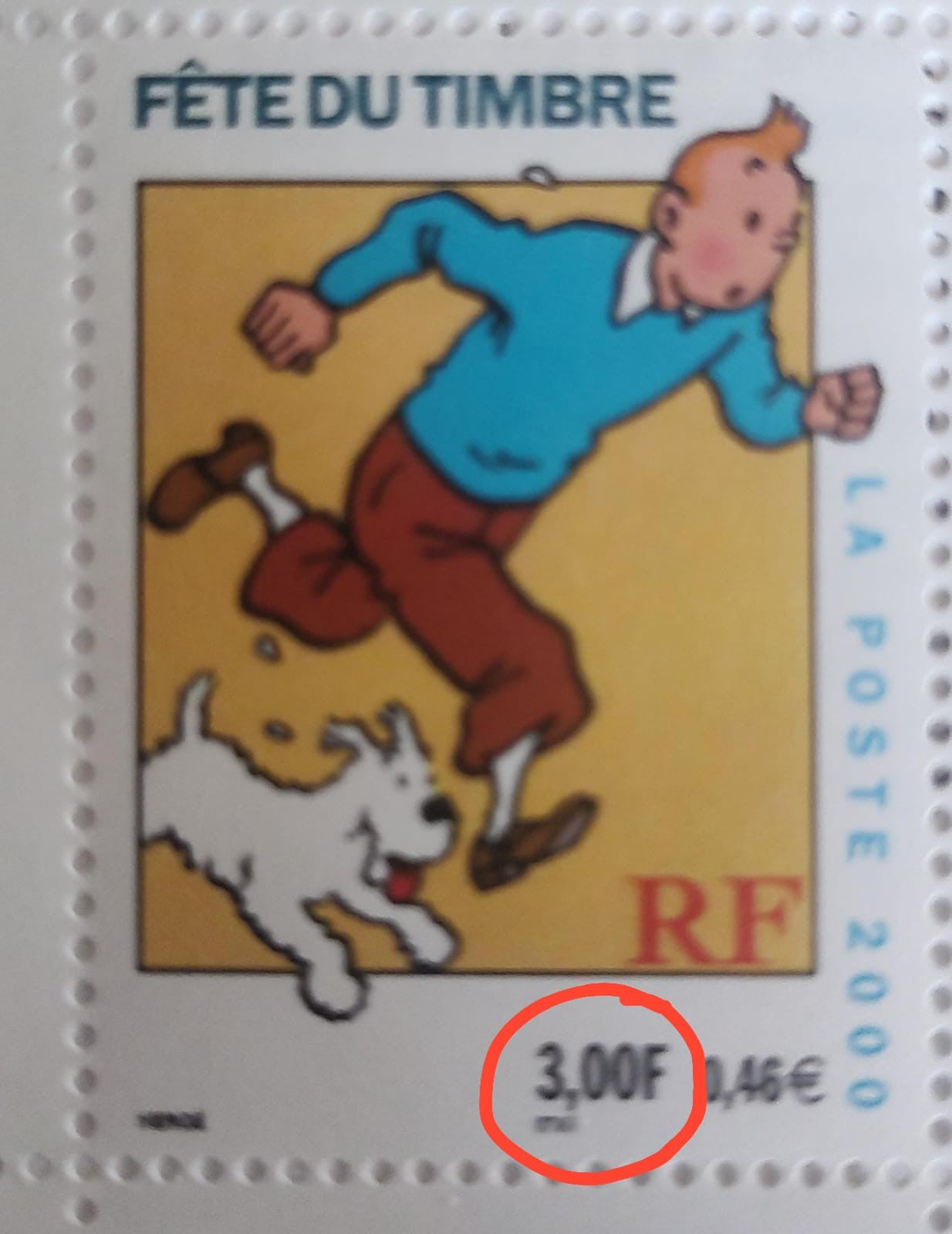 France 2000 single stamp on Tintin- with one donation figure.