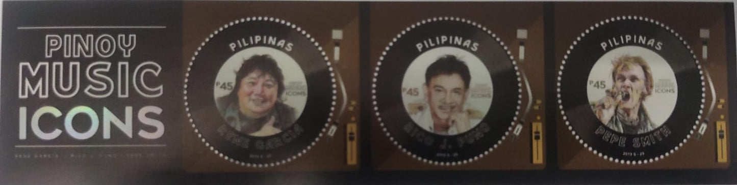 Philippines round stamps in ms with holographic effect. Music theme.