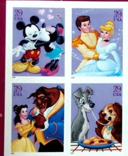 USA Mickey and Disney characters block of 4 different stamps. ... Romance