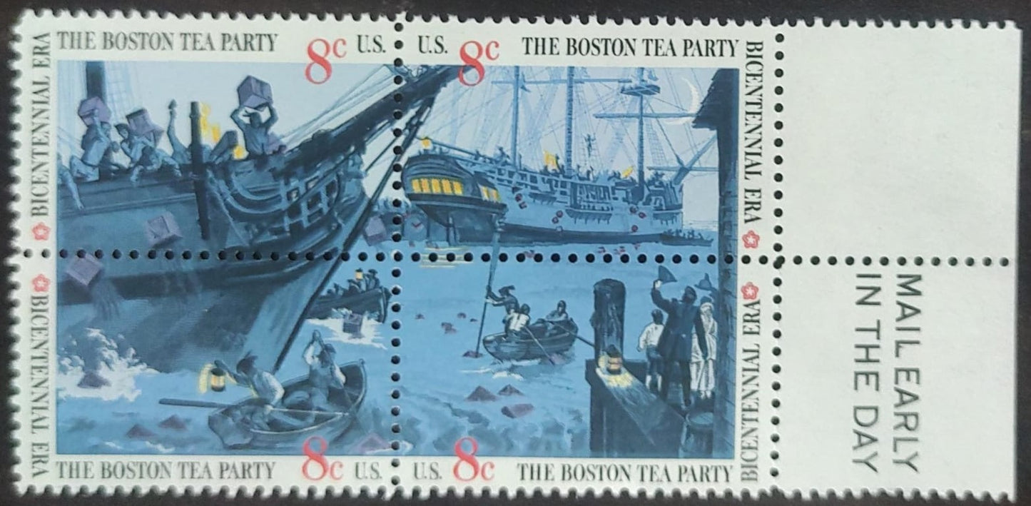 USA .BOSTON TEA PARTY BI.CENTENARY BLOCK OF 4 STAMPS- MINT
