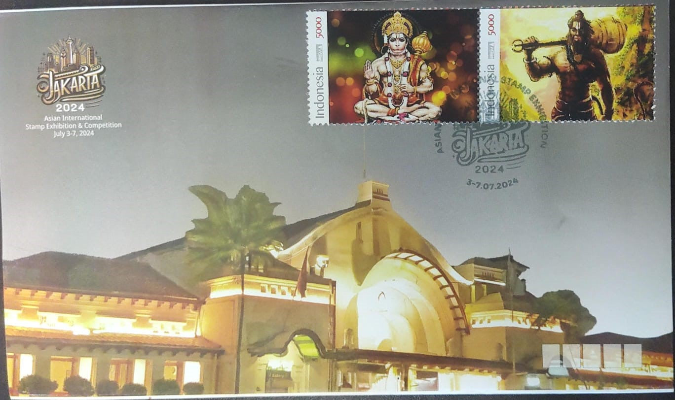 Indonesia Sri Hanuman 2 setenent stamps on cover with cancellation of Jakarta stamp exhibition.