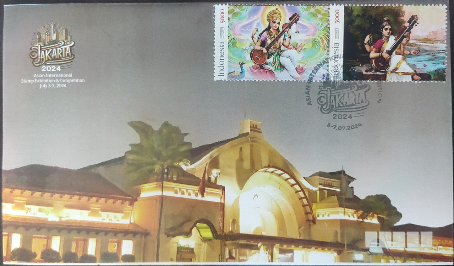 Indonesia Saraswathy Devi 2 setenent stamps on cover with cancellation of Jakarta stamp exhibition. (Copy)Sara