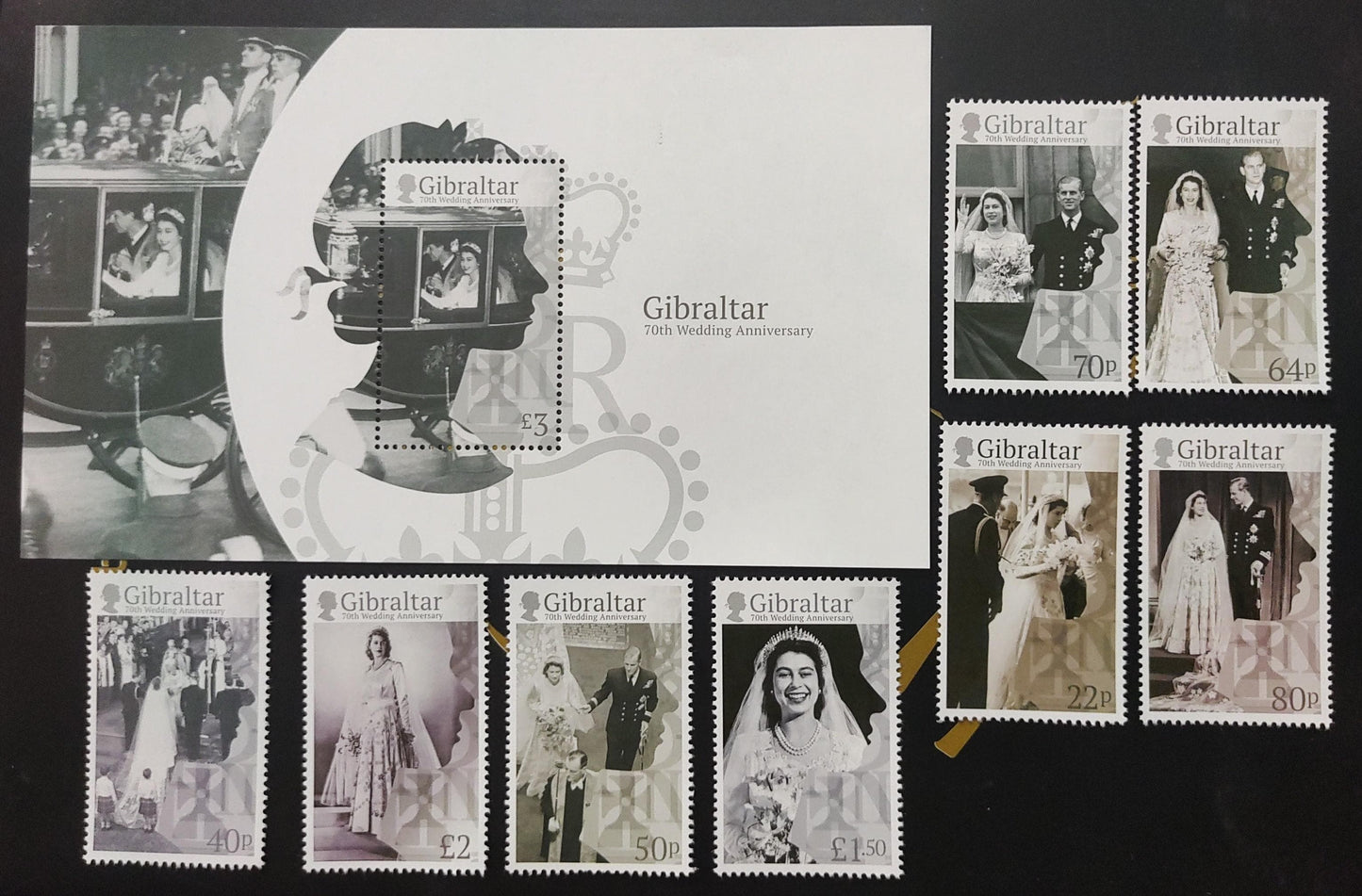 Gibraltar -70th wedding anniversary of the Queen Elizabeth ii. Complete set of 8 MNH stamps + 1 ms