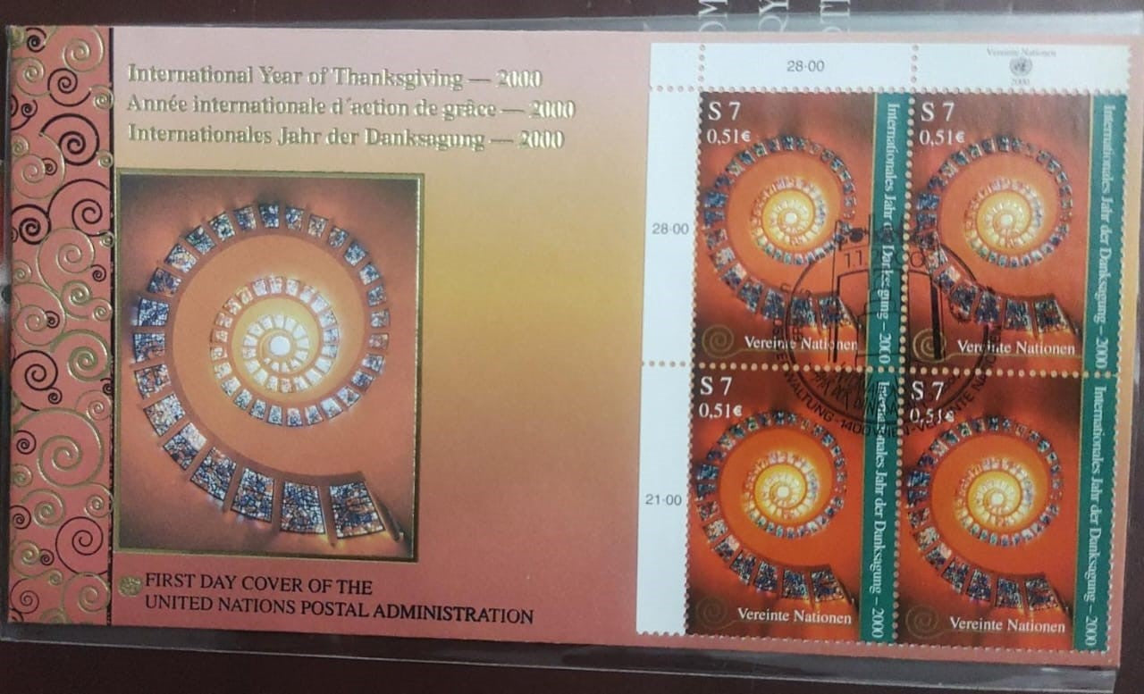 UN - United Nations block of 4 embossed stamps on FDC FDC also has embossed picture on left side.