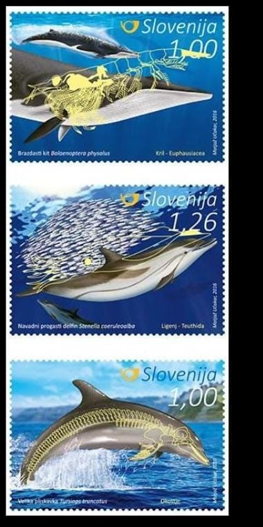 Slovenia 2016 set of three stamps which glow under UV light. Bones skeleton of fish are visible under UV light