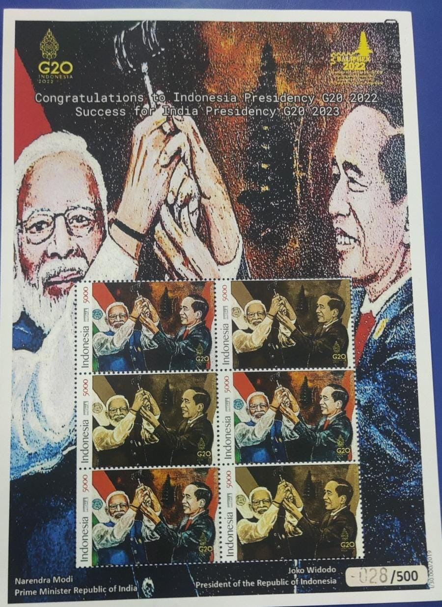 Indonesian sheetlet of 6 stamps on G20 Featuring 🇮🇳Indian PM Modi and Indonesian President.