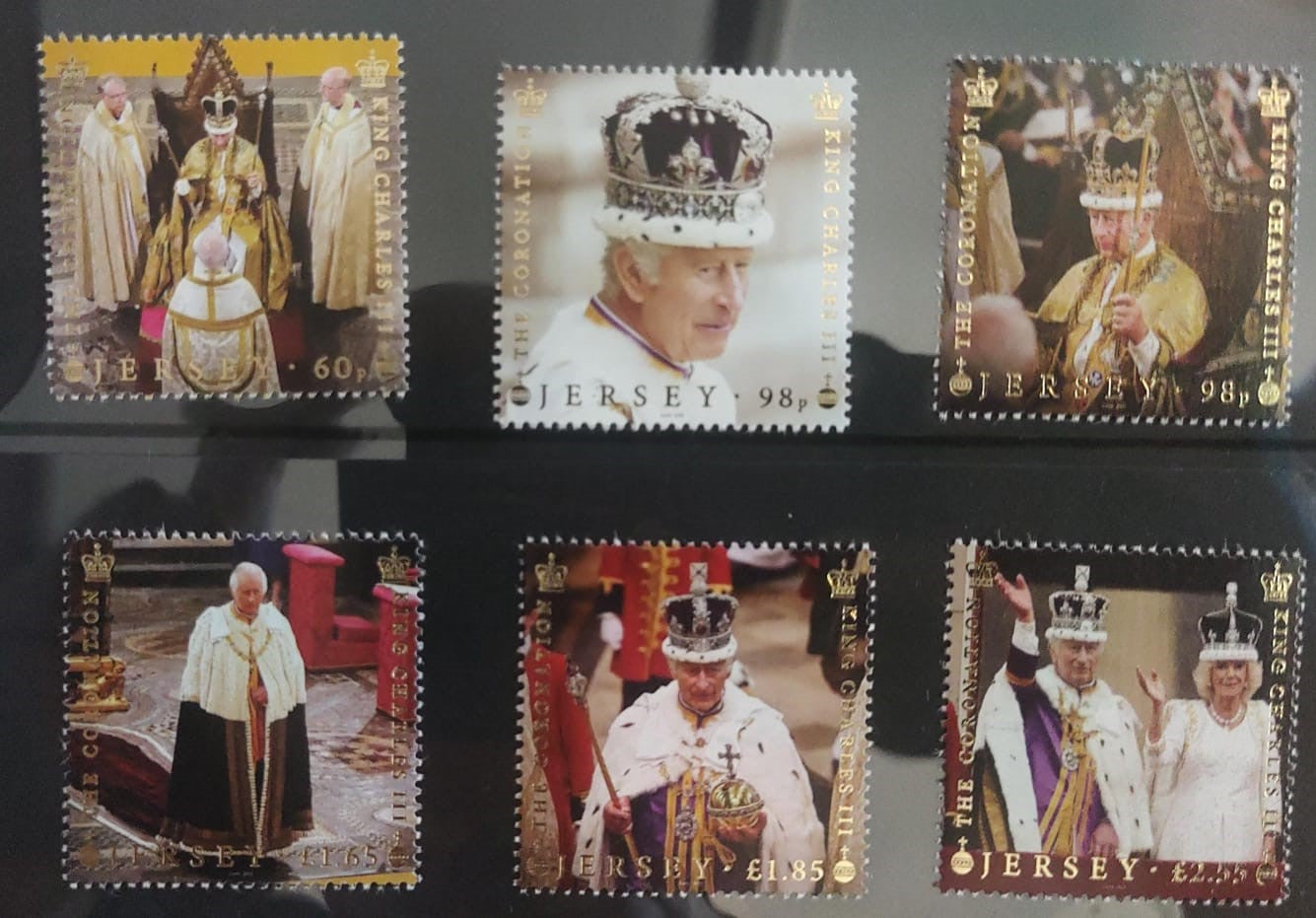 Jersey six stamps with Gold foiling, in a folder. Coronation of His Majesty 👑 of UK, King Charles III