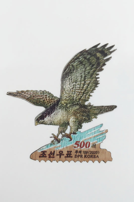 Framed picture of an eagle with a Korean currency note design on a white background