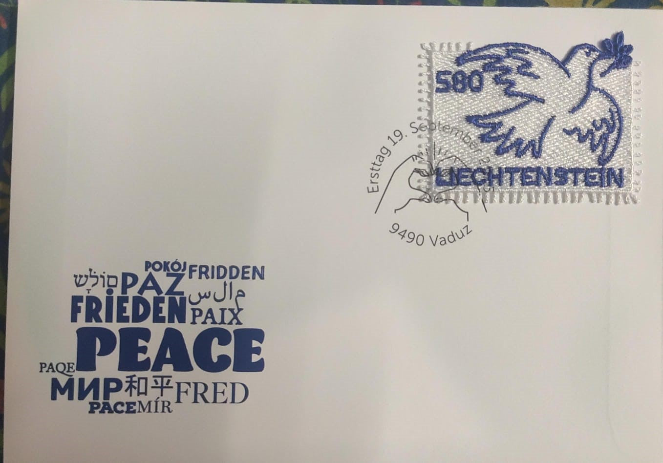 Liechtenstein ЁЯЗ▒ЁЯЗо beautiful odd shaped embroidery stamp Depicting peace ЁЯХКя╕П Dove-FDC