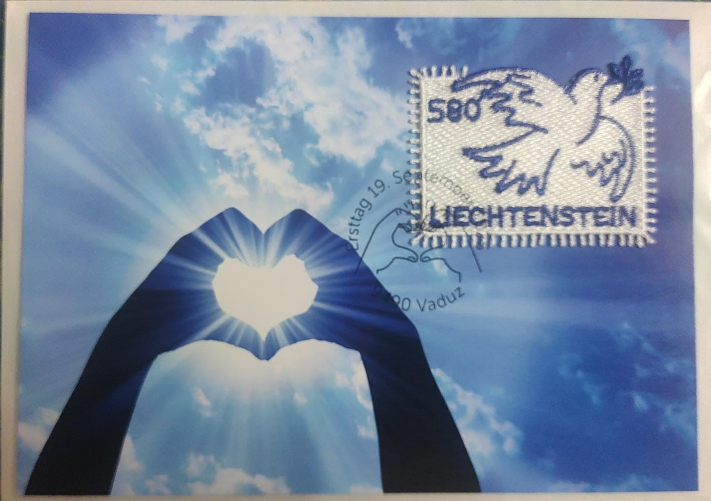 Liechtenstein ЁЯЗ▒ЁЯЗо beautiful odd shaped embroidery stamp Depicting peace ЁЯХКя╕П Dove-Maxim card