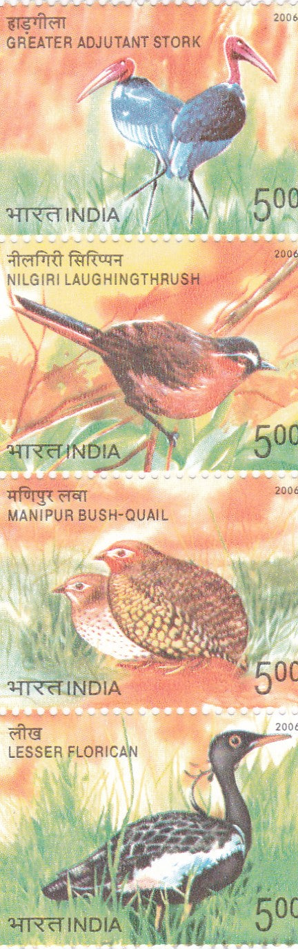 India mint- 05 Oct'06 Endangered Birds of India Setenant Strip of 4