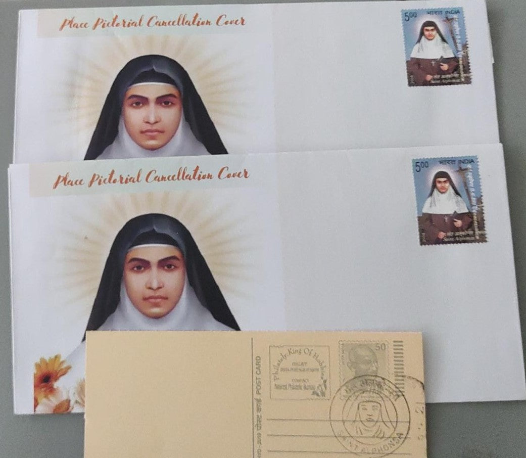 Permanent pictorial cancellation of St. Alphonsa on a private cover with her stamp