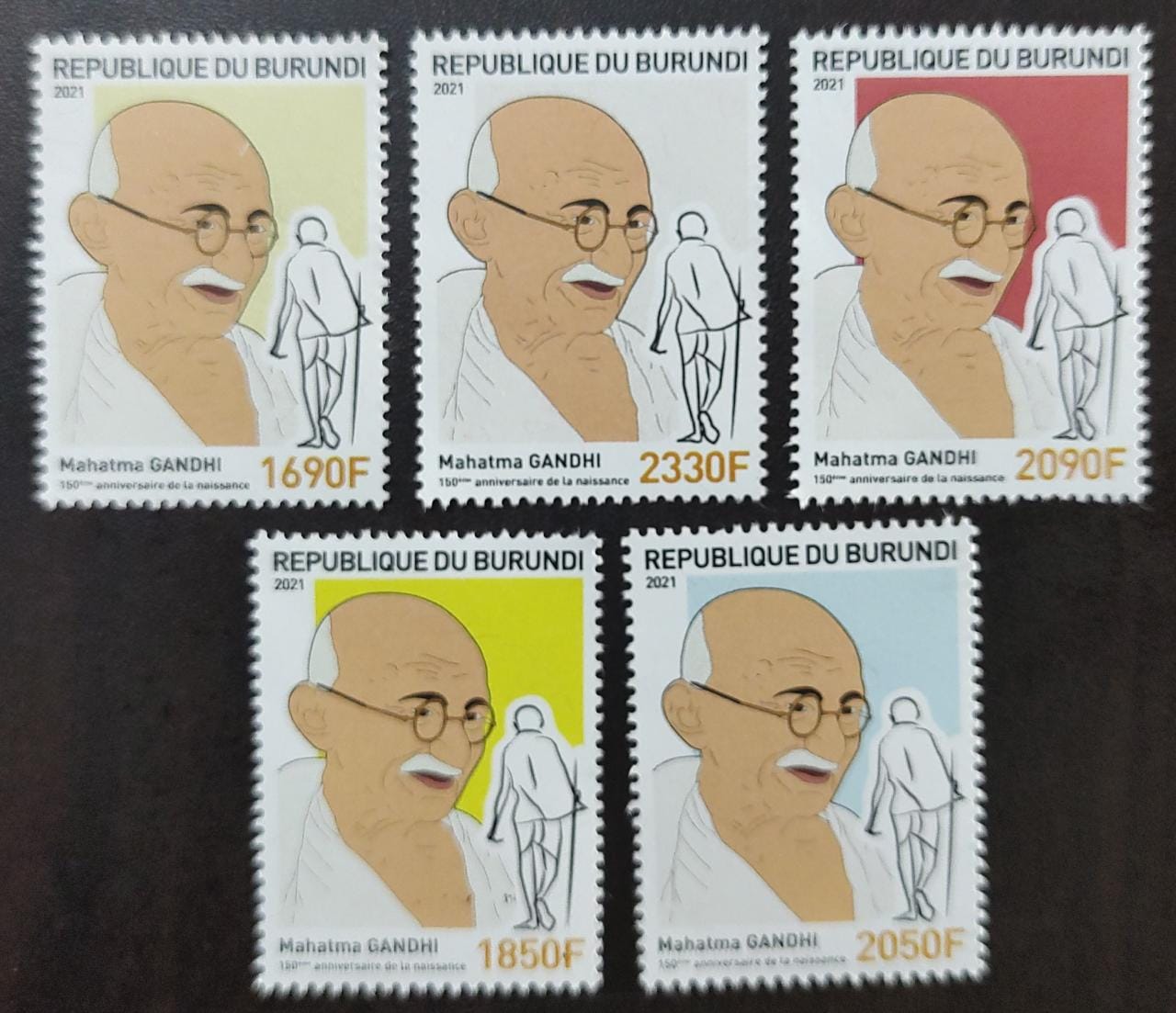Burundi set of 5 different stamps on 150th birth anniversary of Gandhiji.