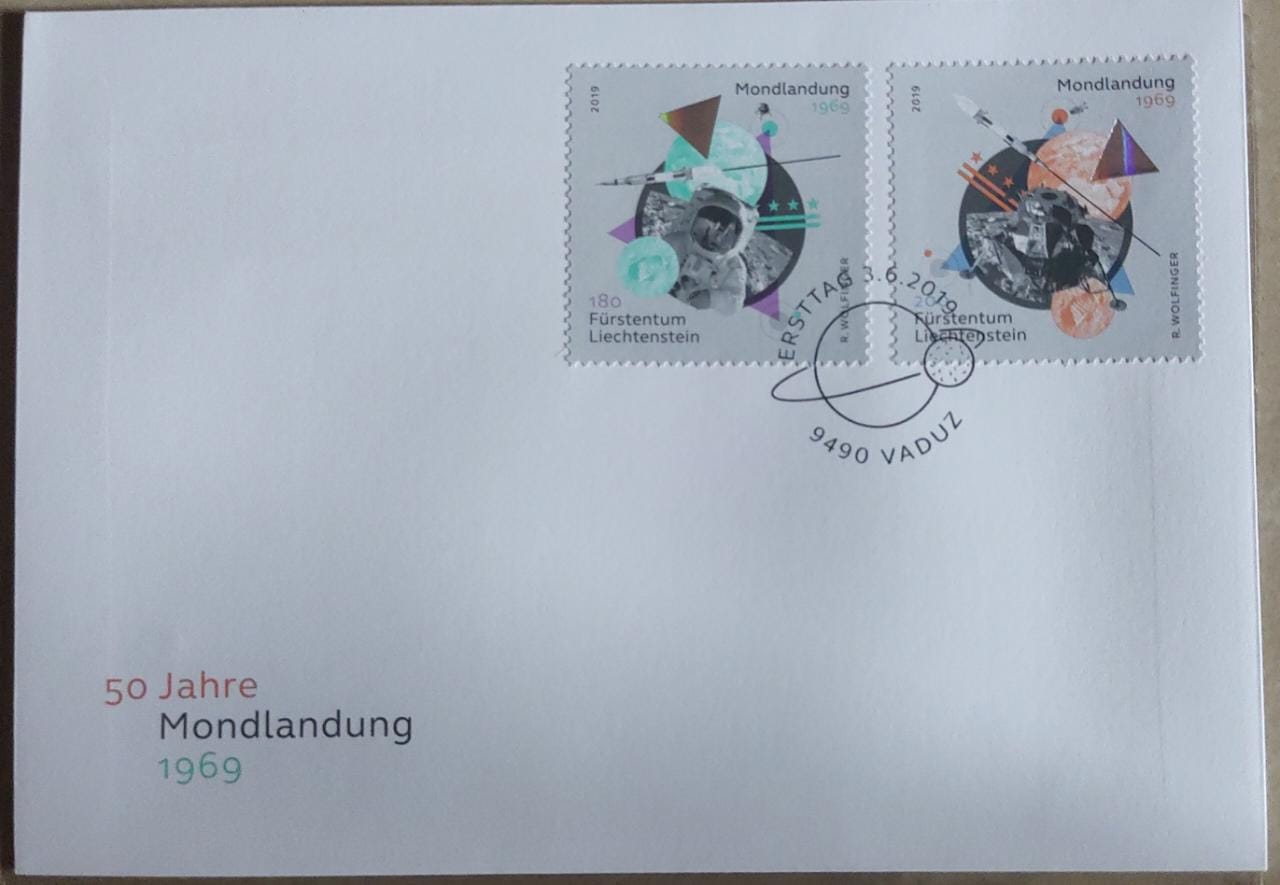 Liechtenstein pair of stamps on space- man on moon. Both stamps have holograms. FDC