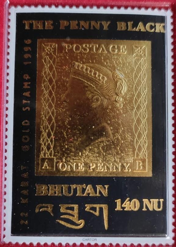 पेनी ब्लैक पर भूटान असली 22 कैरेट सोने की मोहर।